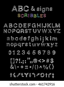 Hand drawn scribbled english uppercase, lowercase alphabet, numbers, signs and arrows. Non-serif doodle font.