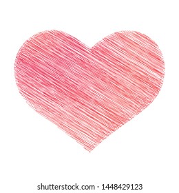 Hand drawn scribbled ink light red pink color heart with a drawing style in a vector element design illustration isolated on a white background
