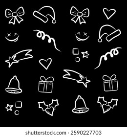 Hand drawn scribbled seamless pattern of heart shapes, smiles, gifts, hats, stars, ribbons, bells on black background