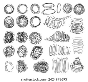 Hand drawn scribbles collection. Black pencil curly lines, drawing squiggles, curvature strokes. Scrawl vector textured elements isolated on white background