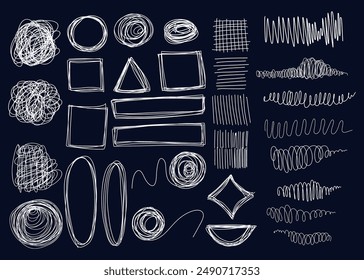 Hand drawn scribbles collection. Grunge scrawls, charcoal scribbles, white pencil curly lines, curvature strokes, shapes and geometric frame. Scrawl vector isolated textured elements 