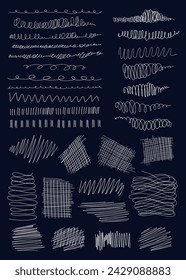 Hand drawn scribbles set. Grunge scrawls, charcoal scribbles, white pencil curly lines, curvature strokes, curved and shapes. Scrawl vector isolated textured elements on blue background