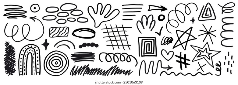 Hand drawn scribbles and squiggles. Abstract vector doodle set of modern design elements graffiti style