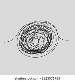 Hand drawn scrible chaotic doodle line. Tangled mind. Abstract tangled continues thin line isolated vector.