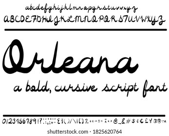 Hand drawn script font vector, called "Orleana" has bold, cursive letters that fit together like natural handwriting.