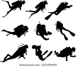 Hand drawn scuba diving silhouette illustration