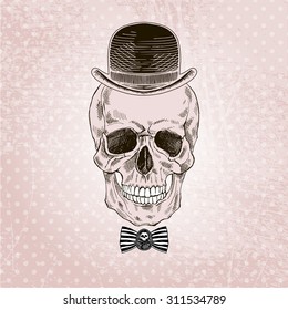hand drawn scull in bowler hat and tie bow