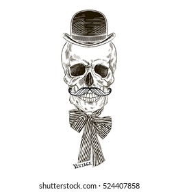 hand drawn scull in bowler hat and tie bow