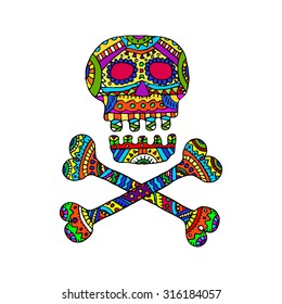 Hand drawn scull with doodle ornament. Halloween icon, vector