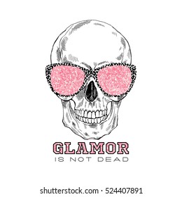 hand drawn scull in glitter glasses, glamor is not dead, t-shirt graphic