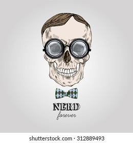 hand drawn scull in nerdy glasses, geek style print