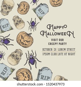 Hand Drawn Scull, Pumpkin, Spider and Tomb Stone Vector Background Pattern Card. Halloween Celebration Greeting Sketches Party Invitation or Cover Template.