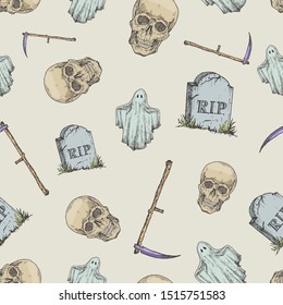Hand Drawn Scull, Tomb Stone, Scythe and Ghost Vector Seamless Background Pattern. Halloween Celebration Greeting Sketches Card, Wrapping or Cover Template.