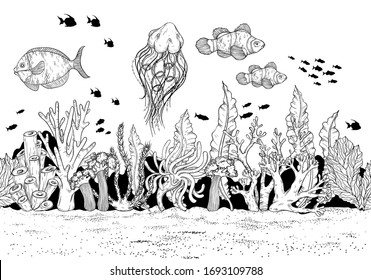 Hand drawn sea anemones coral reef, oceanic animal. Black and white. Vector illustration.