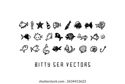 Hand Drawn Sea Animal Vector Set with Cute Fish Starfish and Shell Illustrations
