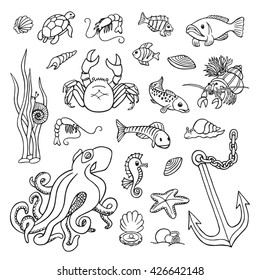 Hand drawn sea animals. Doodle icons set.