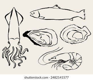 Von Hand gezeichnete Meerestiere. Illustration von Meerestieren. Tiere Clipart für Meeresfrüchte Kalmar, Lachs, Jakobsmuschel, Garnelen, Auster