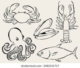 Animales marinos dibujados a mano. Ilustración de animales marinos. Animales Clipart de mariscos cangrejo, pulpo, atún, mejillón, langosta