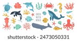 Hand drawn sea animals set. Wild marine life, seashells, fish, seaweed and corals. Whale, octopus, crab, seahorse, dolphin, killer whale, turtle, squid, cachalot. Vector cute cartoon illustration.