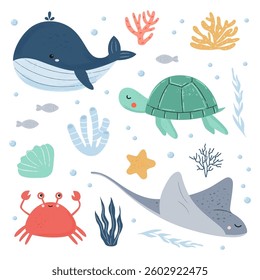 Hand drawn sea animals set, marine life objects