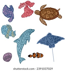 Hand drawn of sea animals, vector illustration art.
