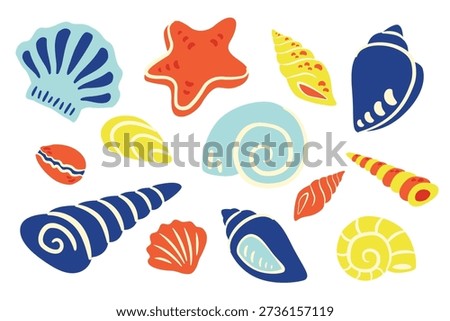 Hand drawn sea animals vector set. Seashells elements. Doodle cartoon marine life collection with shells, starfish, mollusks. Cute ocean elements for posters, kids design, stickers and branding