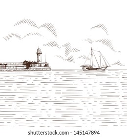Hand drawn sea bay. Vector illustration