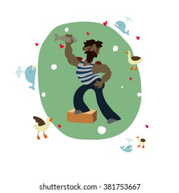 Hand drawn sea cartoon illustration with sailor, whales and gulls on color background