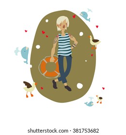 Hand drawn sea cartoon illustration with sailor, whales and gulls on color background