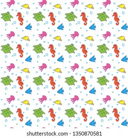 Hand drawn sea creatures vector seamless pattern. Jellyfish, seahorse, shell, fish doodle pattern.
