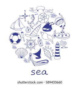 Hand drawn sea doodle Icons collection on white background. Vector illustration for your design