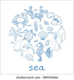Hand drawn sea doodle Icons collection on white background. Vector illustration for your design