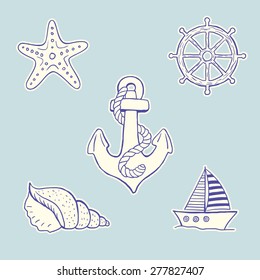 Hand drawn sea elements - Anchor, starfish, shell, steering wheel, boat. Vector illustration