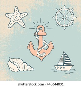 Hand drawn sea elements - Anchor, starfish, shell, steering wheel, boat. Vector illustration