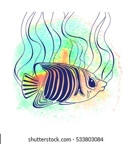 hand drawn sea fish and algae on sea background watercolor