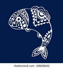 Hand drawn sea fish on a blue background with ornament. Beautiful illustration or logo