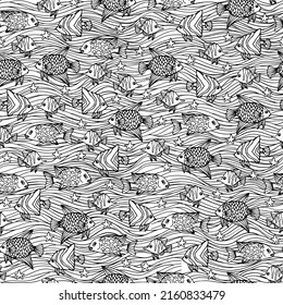 Hand drawn sea fishes, seamless vector pattern.