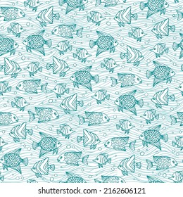 Hand drawn sea fishes, seamless vector pattern.