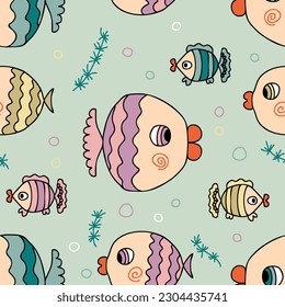 Hand drawn sea fishes seamless pattern in doodle style. Perfect print for tee, textile, paper and fabric. Cute vector illustration for decor and design.
