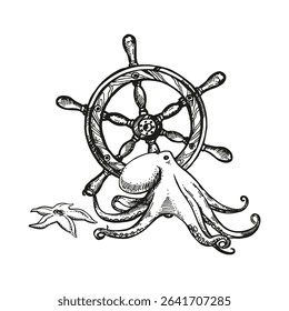 hand drawn sea floor, shipwreck, ship's steering wheel and underwater animal octopus, starfish, black and white ink sketch of sea wildlife, engraving textured illustration of seabed for marine picture