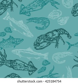 Hand drawn sea food seamless background. Vector illustration engraved fish