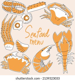 La comida marina a mano es de tonos anaranjados. Ilustración vectorial en el estilo de arte doodle