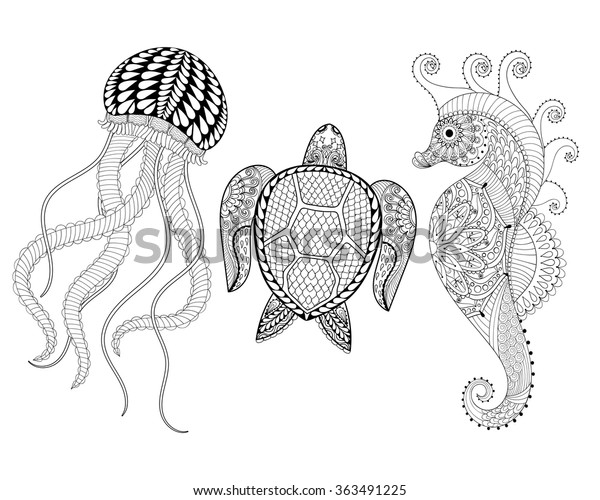 Download Hand Drawn Sea Horse Jellyfish Turtle Stock Vector ...