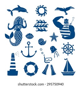 Hand drawn sea icons cartoon set with sailor, lighthouse, mermaid, ship and other. Illustrations for your design.