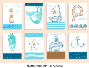Hand drawn sea icons cartoon set with sailor, lighthouse, mermaid, ship and other.