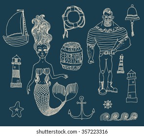 Hand drawn sea icons cartoon set with sailor, lighthouse, mermaid, ship and other.