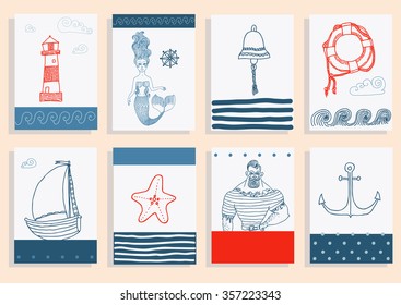 Hand drawn sea icons cartoon set with sailor, lighthouse, mermaid, ship and other.