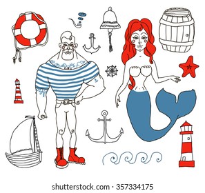 Hand drawn sea icons cartoon set with sailor, lighthouse, mermaid, ship and other.