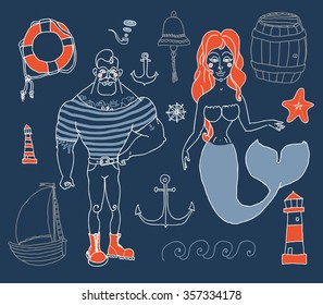 Hand drawn sea icons cartoon set with sailor, lighthouse, mermaid, ship and other.
