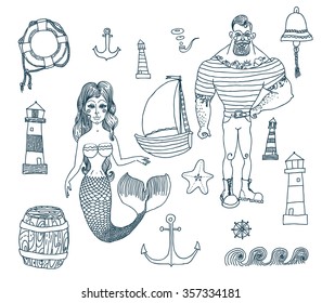 Hand drawn sea icons cartoon set with sailor, lighthouse, mermaid, ship and other.